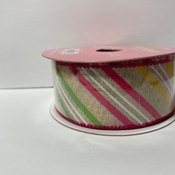 2 Spring Stripe Wired Ribbon 1.5" 25' Pink Yellow - Picture 8 of 12